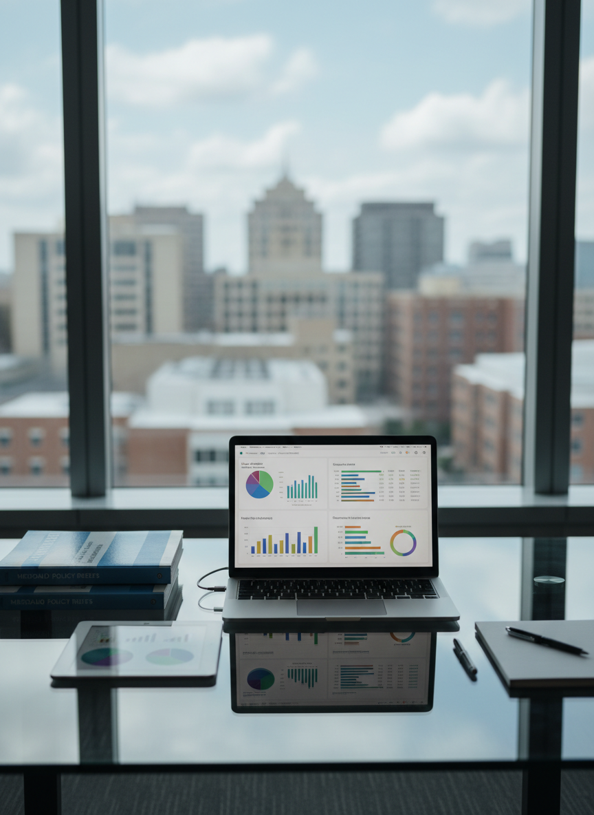 A sleek, glass-topped executive desk seen from a slightly elevated, eye-level angle, covered with neatly arranged healthcare strategy materials: color-coded dashboards on a thin laptop screen, printed Medicaid policy briefs, and a tablet displaying population health analytics charts. Behind the desk, a large window reveals a softly blurred city skyline of hospital buildings and clinics. Cool, diffused daylight fills the room, creating gentle reflections on the glass surface and subtle shadows under each object. The composition follows the rule of thirds, with the laptop as the focal point and a shallow depth of field to keep the background understated. The mood is professional and focused, with photographic realism and a clean, modern aesthetic that conveys executive-level healthcare expertise and thoughtful analysis.